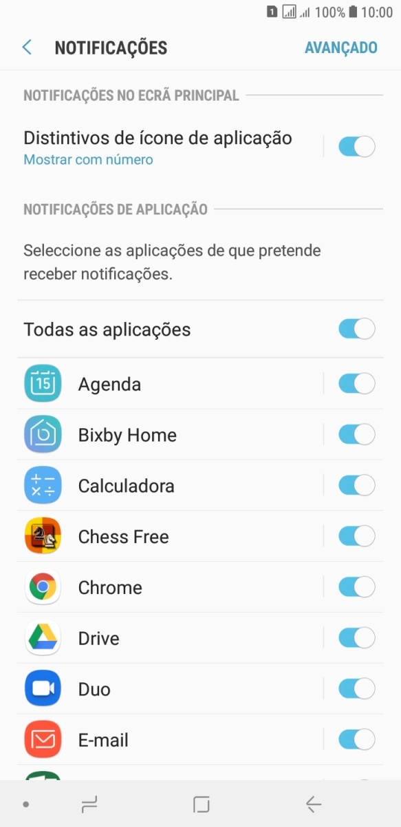 Prima o indicador junto à app pretendida para ativar ou desativar a função.