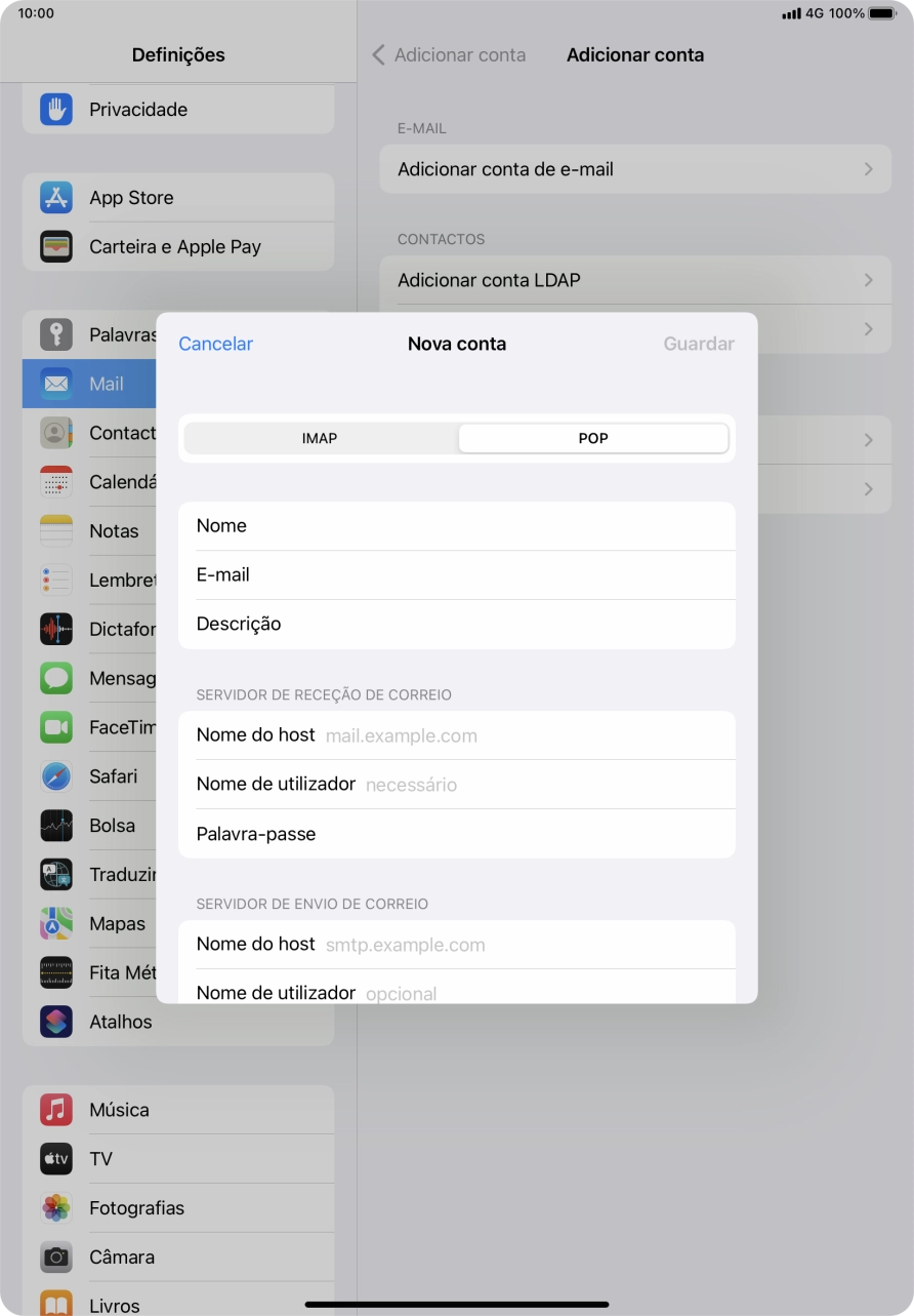Prima Nome do host e insira pop.vodafone.pt.