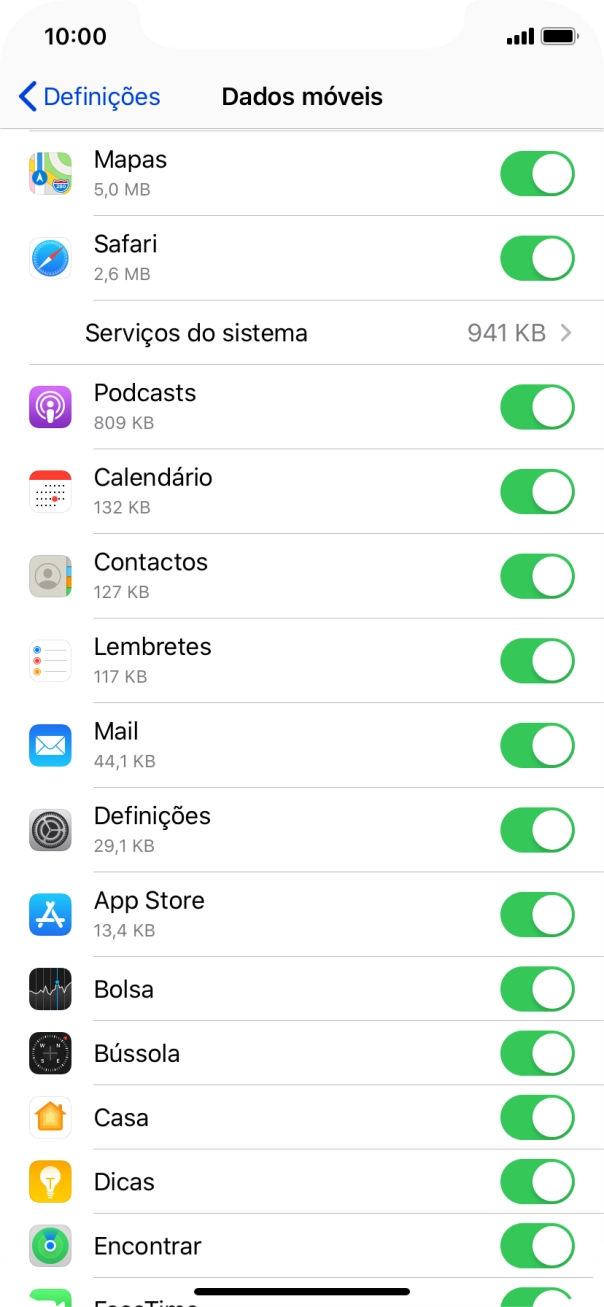 Prima o indicador junto das aplicações pretendidas para ativar ou desativar a função.