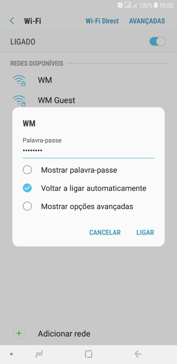 Introduza a password da rede Wi-Fi e prima LIGAR.
