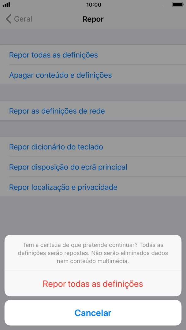 Prima Repor todas as definições. Aguarde um momento enquanto o telefone restabelece as definições originais. Siga as indicações no ecrã para configurar o telefone de modo que este fique pronto a ser utilizado.