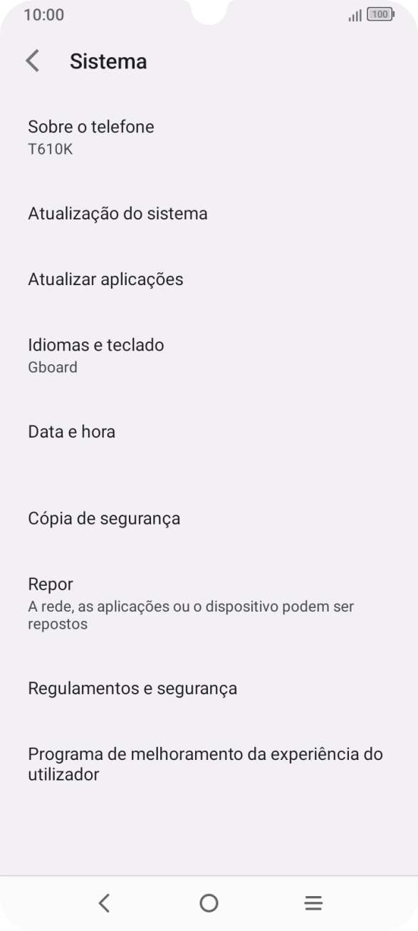 Prima Atualização do sistema. Se existir uma nova versão de software disponível, será agora indicado no ecrã. Siga as indicações no ecrã para atualizar o software do telefone.