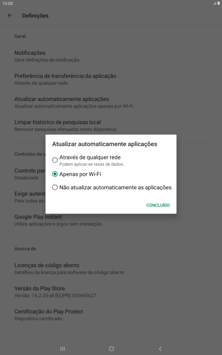 Para ativar a atualização automática de apps via redes móveis, prima Através de qualquer rede.