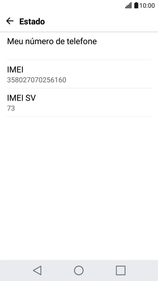 O código IMEI é mostrado no ecrã.