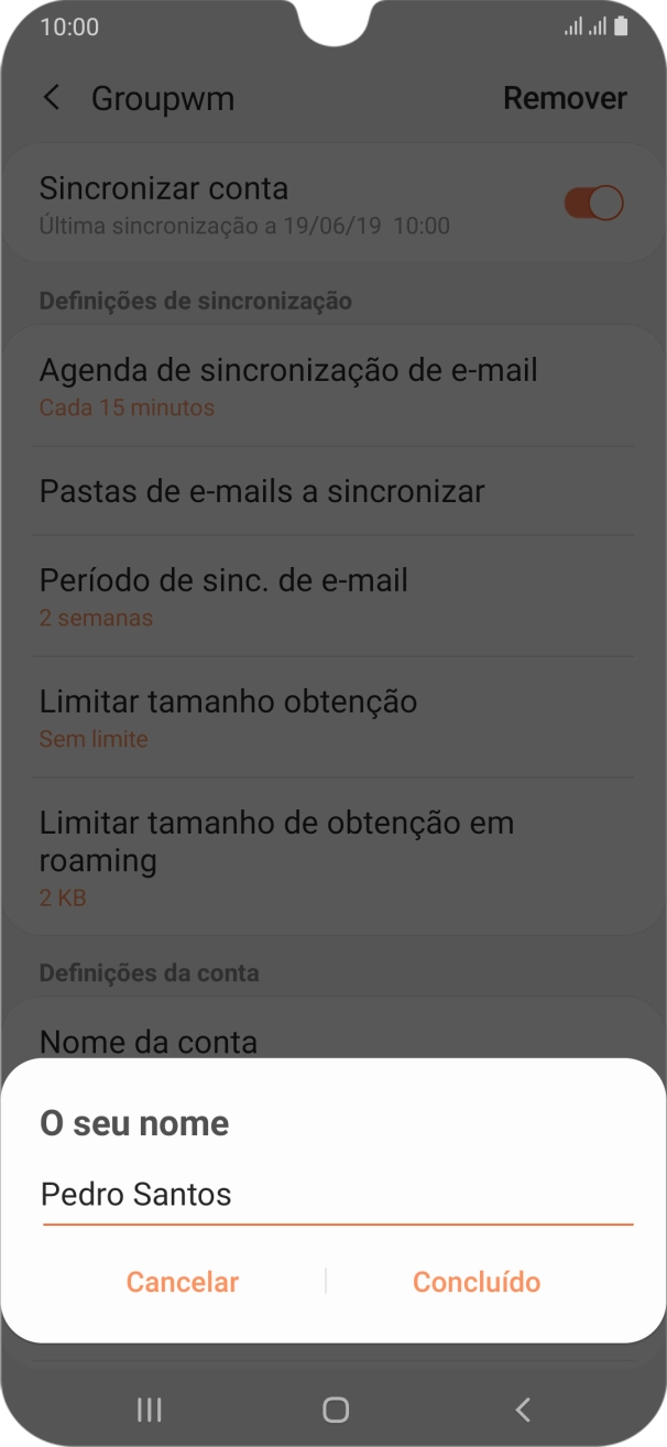 Introduza o nome de remetente e prima Concluído.