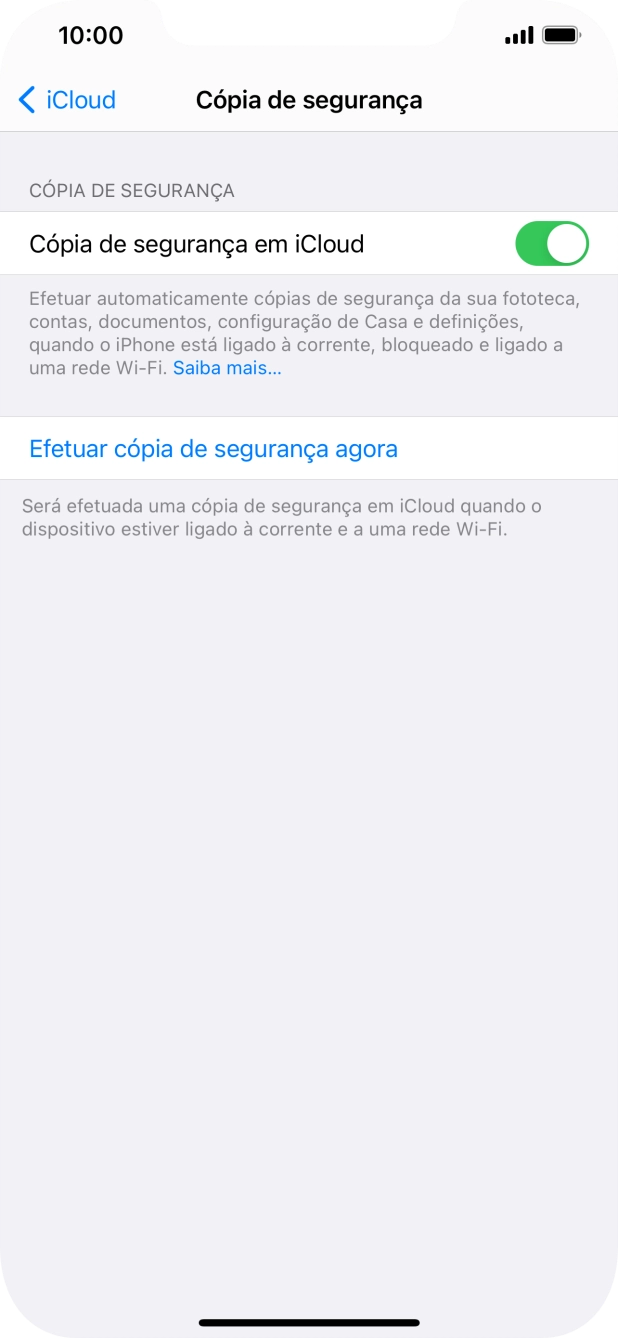 Prima Efetuar cópia de segurança agora e aguarde enquanto é efetuada a cópia de segurança do conteúdo da memória do telefone.