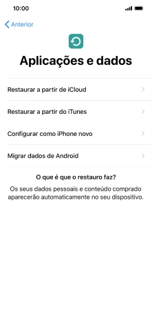 É possível restaurar conteúdo a partir de uma cópia de segurança em iCloud, quando o telefone for ativado antes da primeira utilização e quando o telefone tiver sido reiniciado. Quando esta imagem for mostrada no ecrã, o telefone está pronto para restaurar conteúdo a partir de uma cópia de segurança em iCloud.