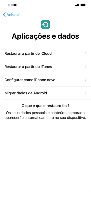 É possível restaurar conteúdo a partir de uma cópia de segurança em iCloud, quando o telefone for ativado antes da primeira utilização e quando o telefone tiver sido reiniciado. Quando esta imagem for mostrada no ecrã, o telefone está pronto para restaurar conteúdo a partir de uma cópia de segurança em iCloud.