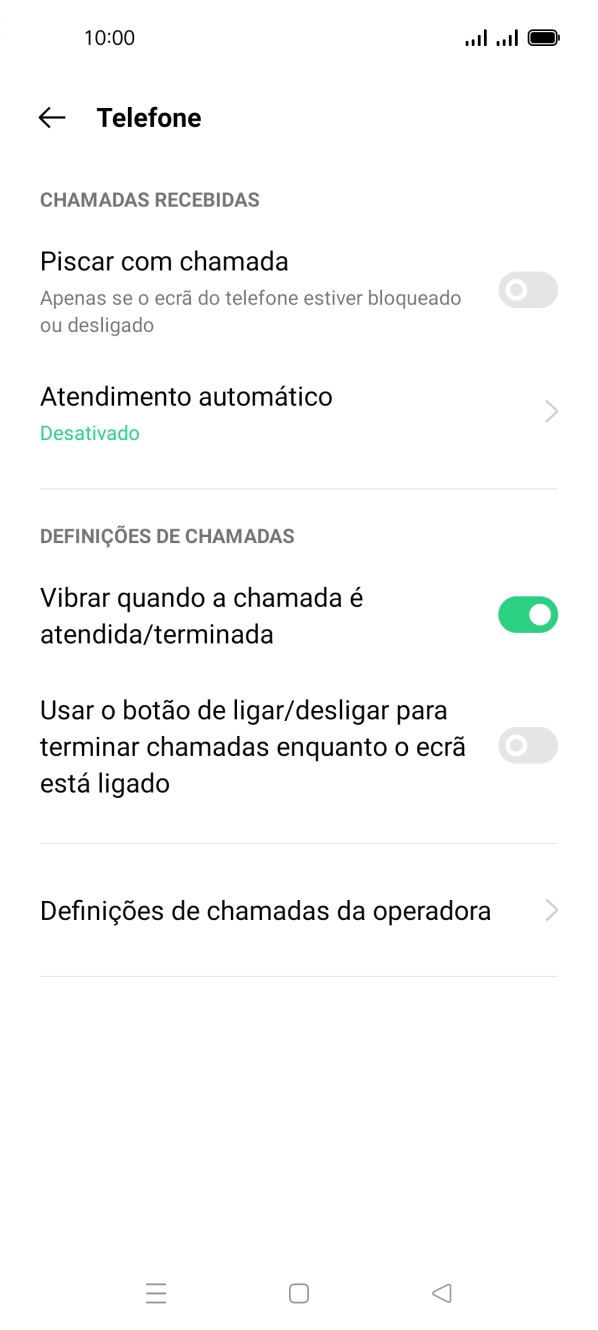 Prima Definições de chamadas da operadora.