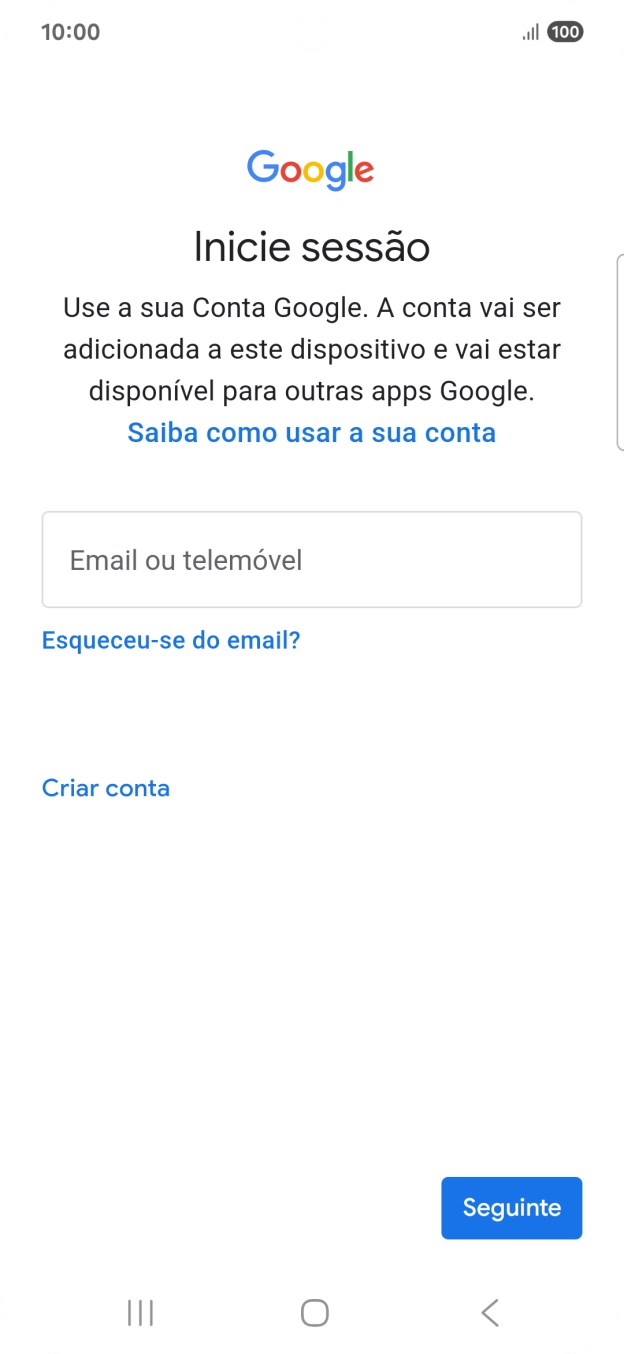 Se não tiver uma conta Google, prima Criar conta e siga as indicações no ecrã para criar uma conta.