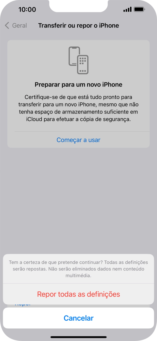 Prima Repor todas as definições. Aguarde um momento enquanto o telefone restabelece as definições originais. Siga as indicações no ecrã para configurar o telefone de modo que este fique pronto a ser utilizado.