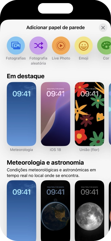 Prima a categoria pretendida e siga as indicações no ecrã para escolher a imagem de fundo pretendida.