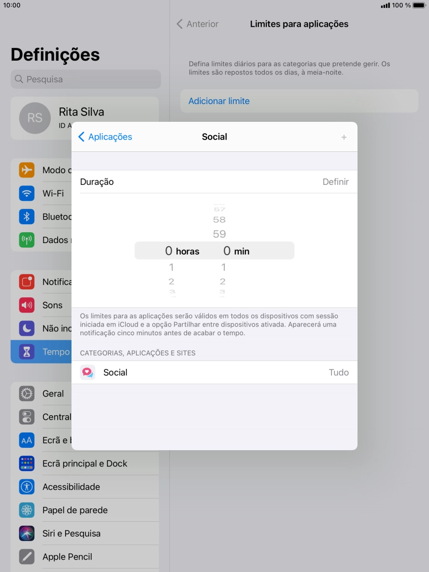 Defina o limite de tempo pretendido para uso da categoria selecionada.