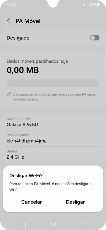 Se o Wi-Fi estiver ativado, prima Desligar.