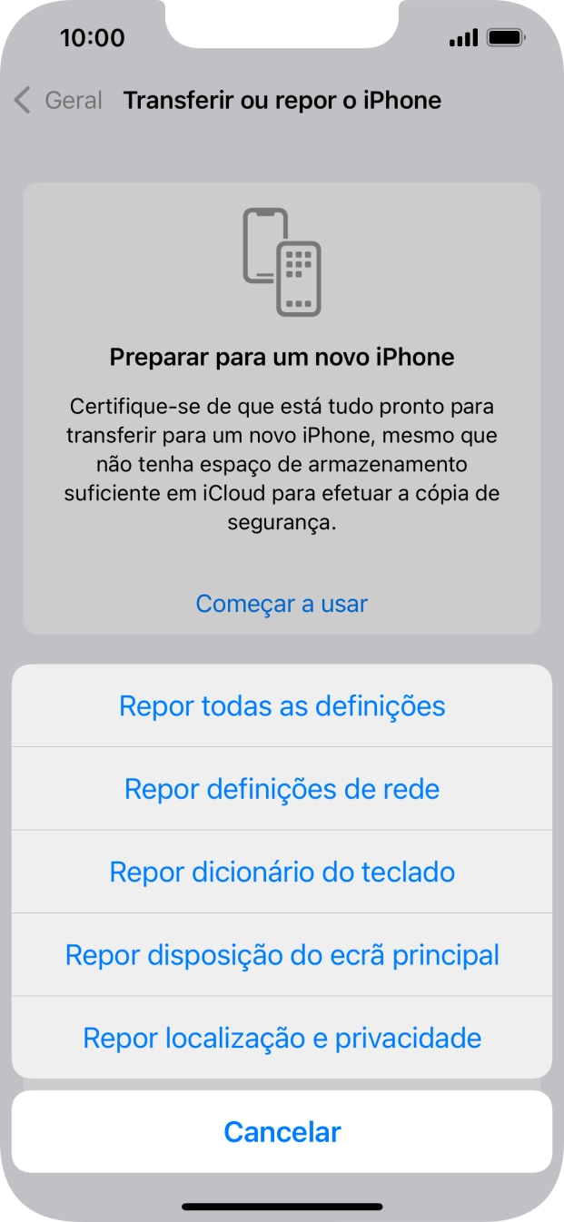 Prima Repor todas as definições.