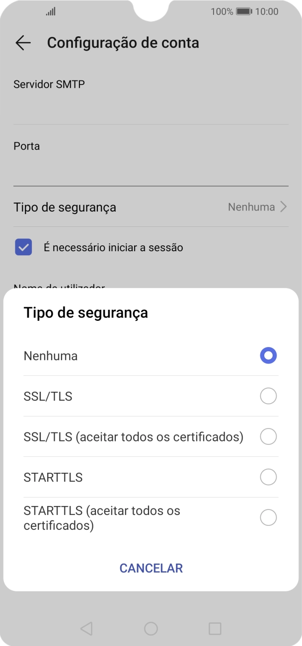 Prima STARTTLS (aceitar todos os certificados) para desativar a função.