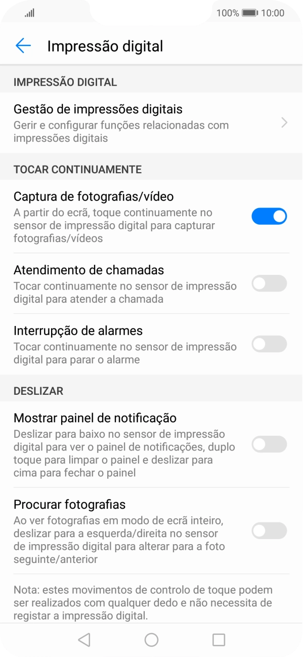 Prima Gestão de impressões digitais e siga as indicações no ecrã para estabelecer um código de bloqueio adicional.