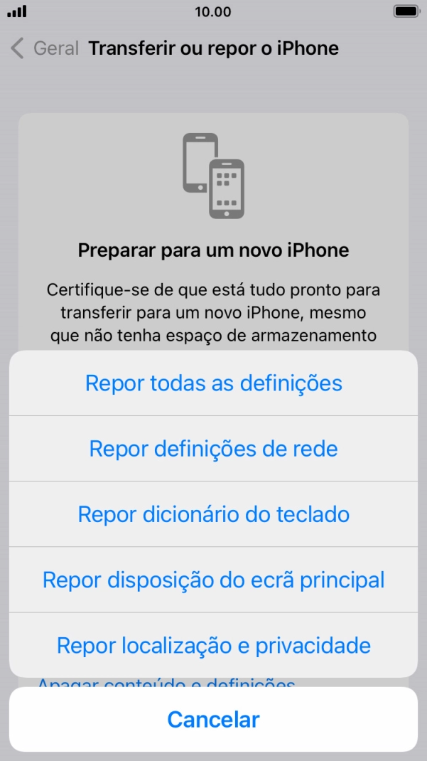 Prima Repor todas as definições.