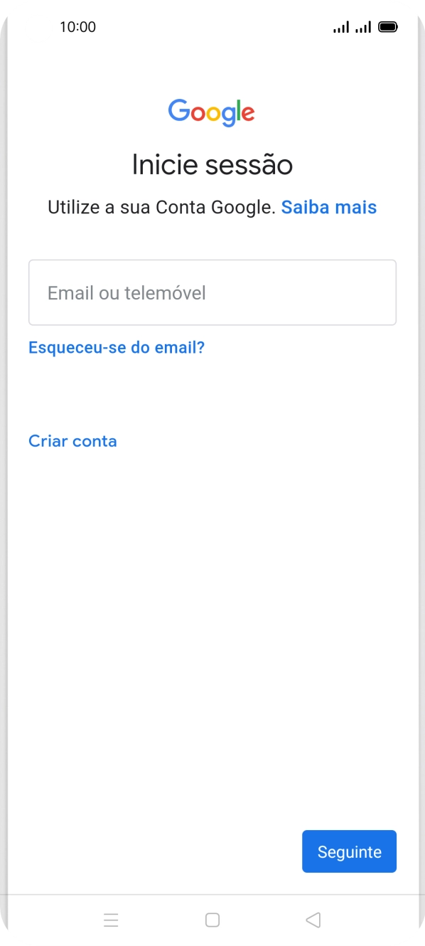 Se não tiver uma conta Google, prima Criar conta e siga as indicações no ecrã para criar uma conta.