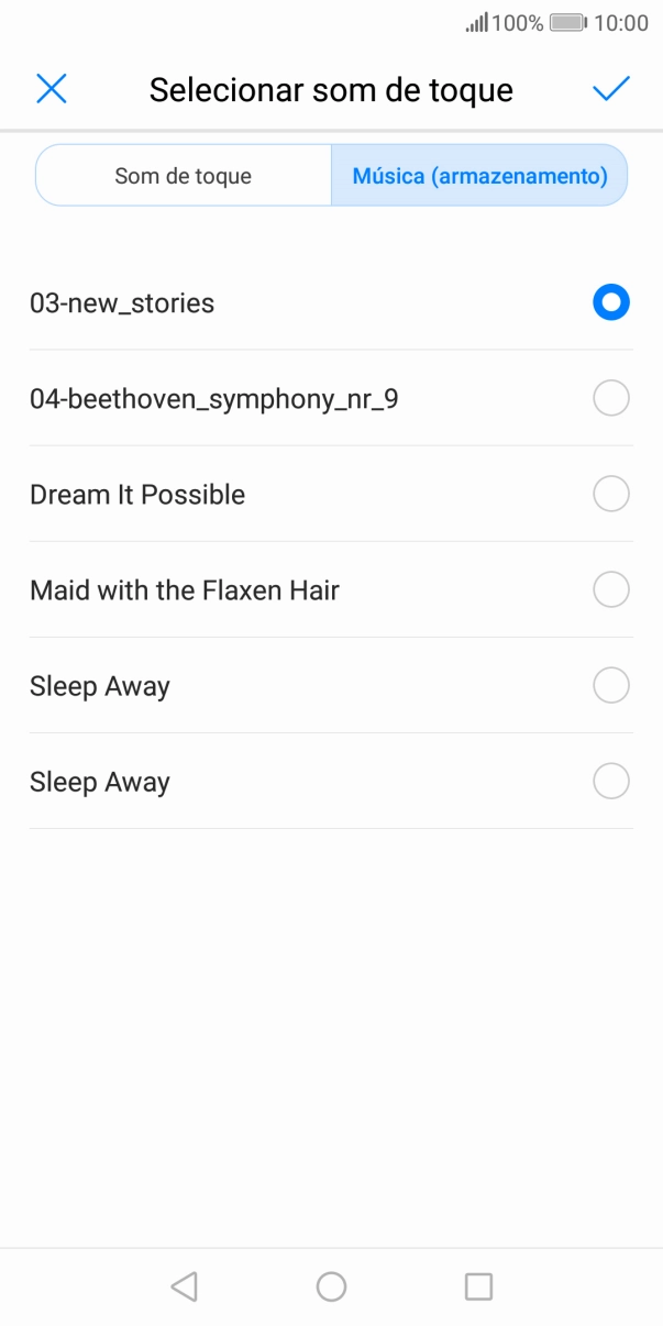 Quando tiver encontrado o tom de toque que pretende, prima o ícone para aceitar.