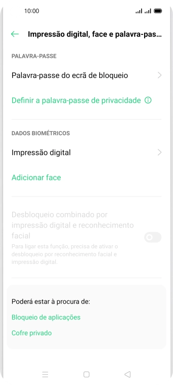 Prima Impressão digital e introduza o código adicional de bloqueio do telefone que criou anteriormente.