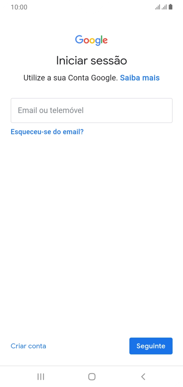 Se não tiver uma conta Google, prima Criar conta e siga as indicações no ecrã para criar uma conta.