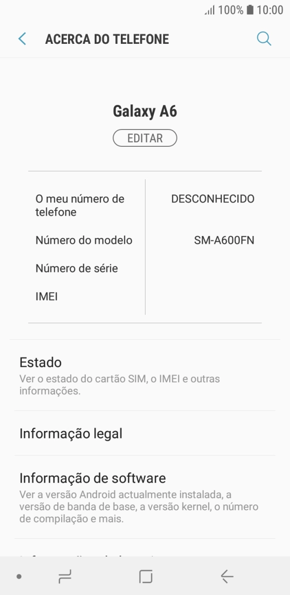 O código IMEI é mostrado no ecrã.