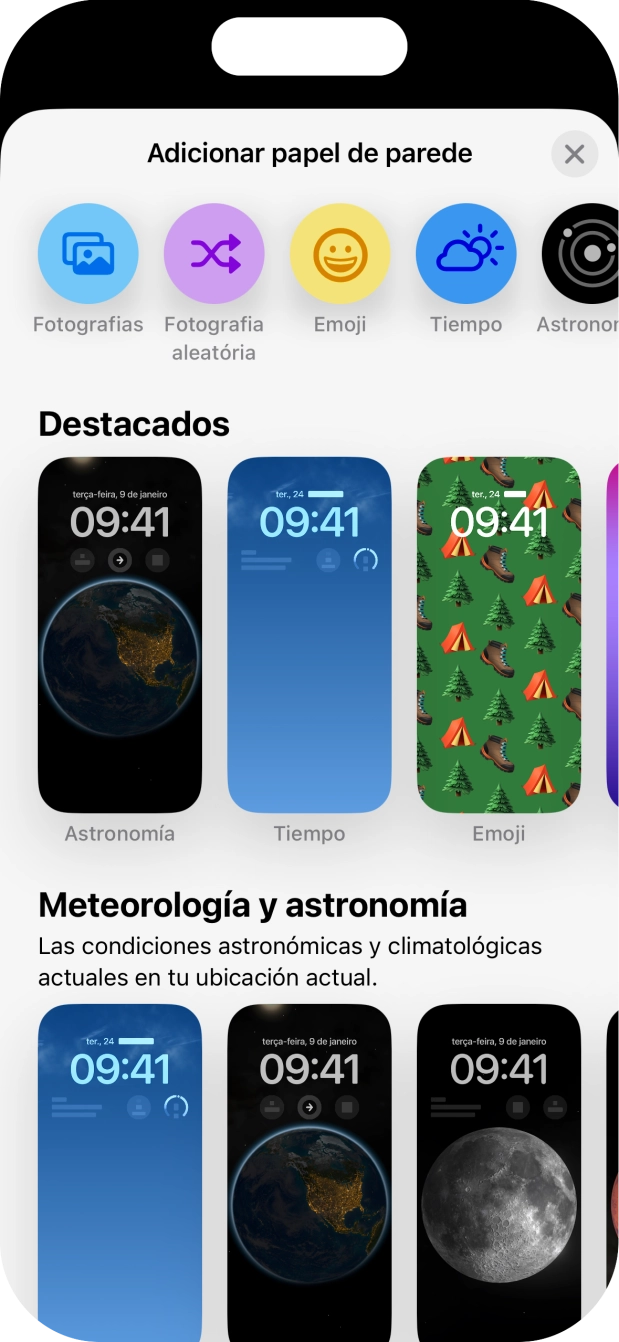 Prima a categoria pretendida e siga as indicações no ecrã para escolher a imagem de fundo pretendida.