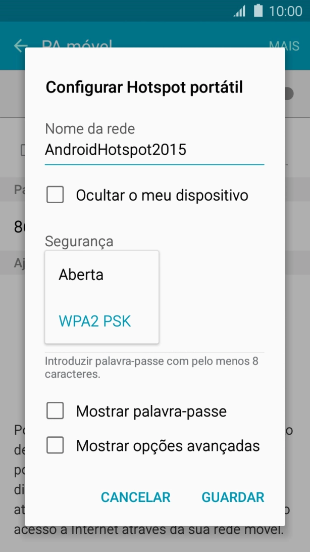 Prima WPA2 PSK para proteger o hotspot Wi-Fi com uma password.