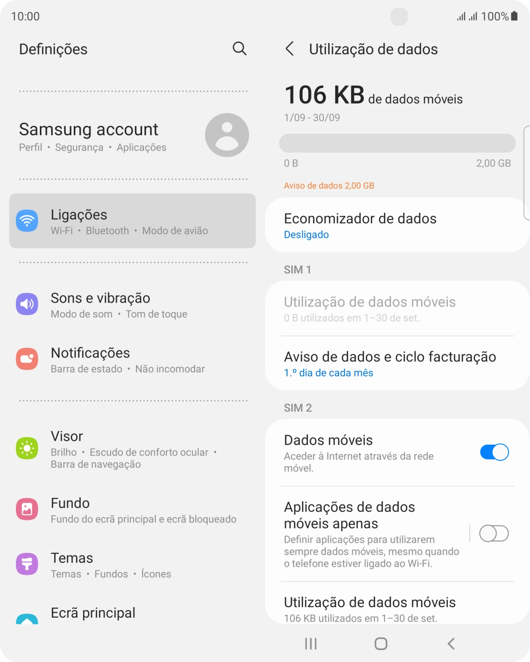 O consumo total de dados é agora mostrado no ecrã.