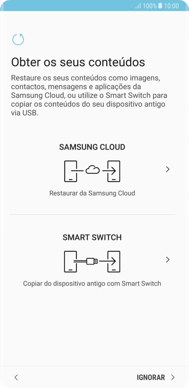 É possível transferir conteúdo de outro telefone quando o telefone for ativado antes da primeira utilização e quando o telefone tiver sido reiniciado. Quando esta imagem for mostrada no ecrã, o telefone está pronto para transferir conteúdo de outro telefone.