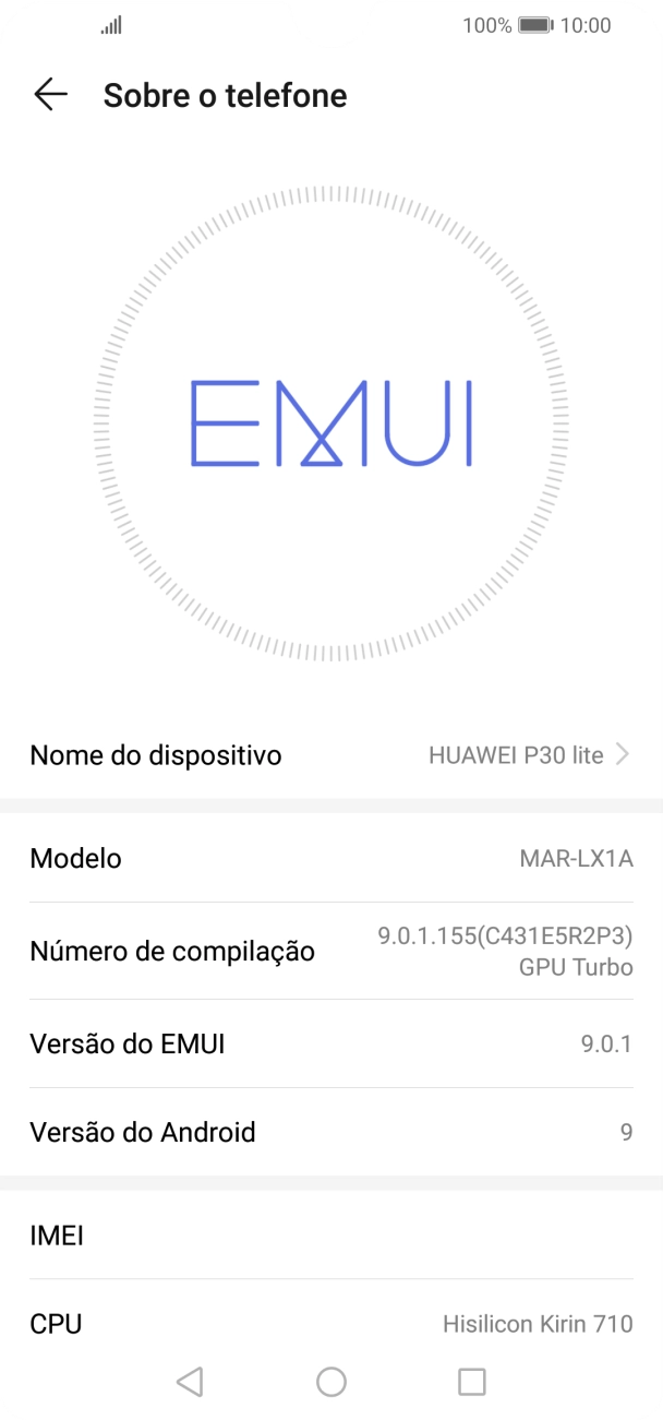 O código IMEI é mostrado no ecrã.