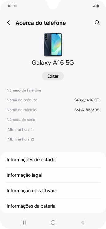 O código IMEI é mostrado no ecrã.