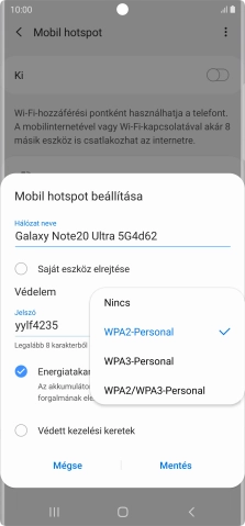 Válaszd a WPA3-Personal lehetőséget, ha jelszóval szeretnéd védeni a Wi-Fi hotspotodat.