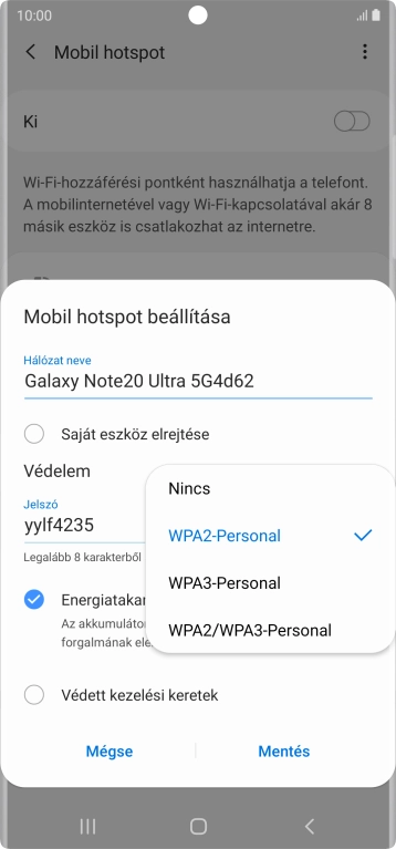 Válaszd a WPA3-Personal lehetőséget, ha jelszóval szeretnéd védeni a Wi-Fi hotspotodat.