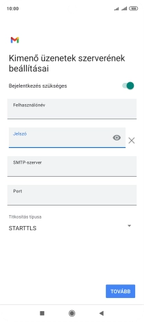 Kattints az „SMTP-szerver” alatti mezőre, és írd be az e-mail szolgáltatód kimenő szerverének a nevét.