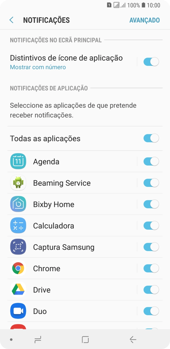 Prima o indicador junto à app pretendida para ativar ou desativar a função.