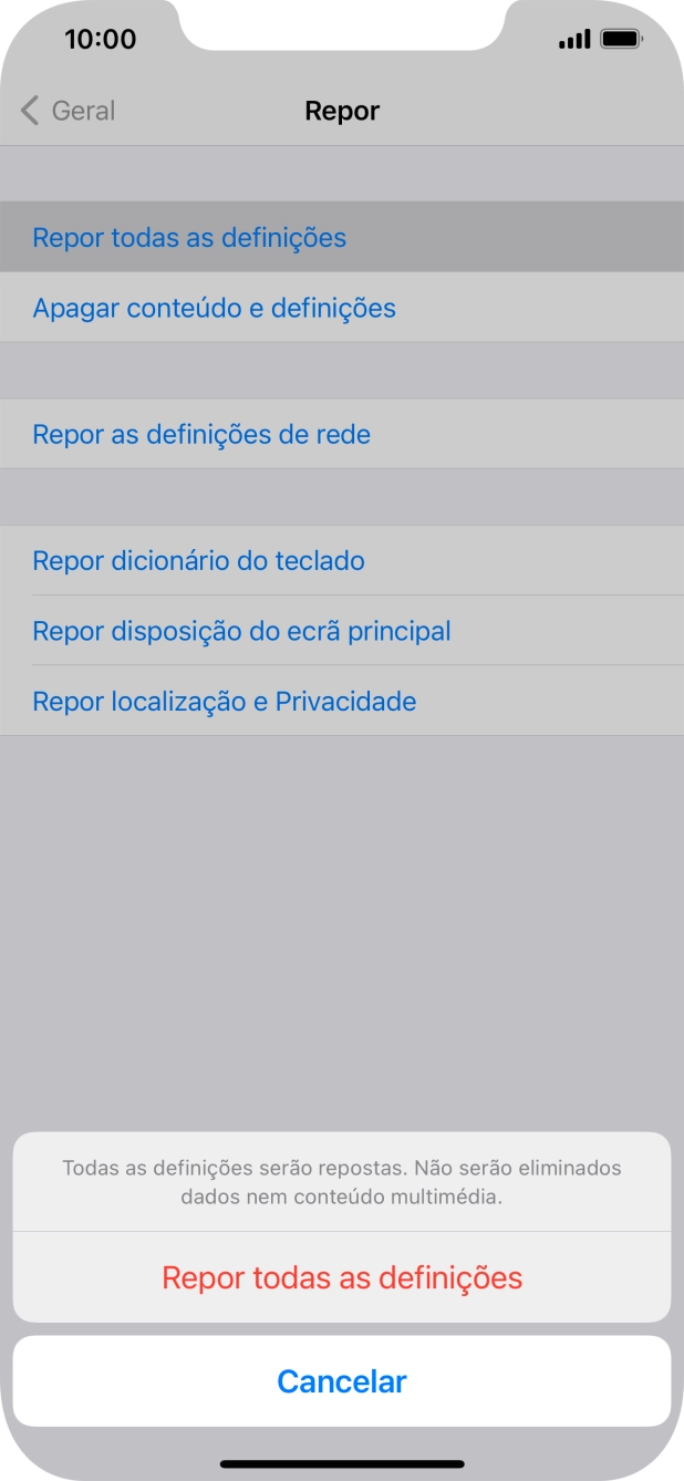 Prima Repor todas as definições.