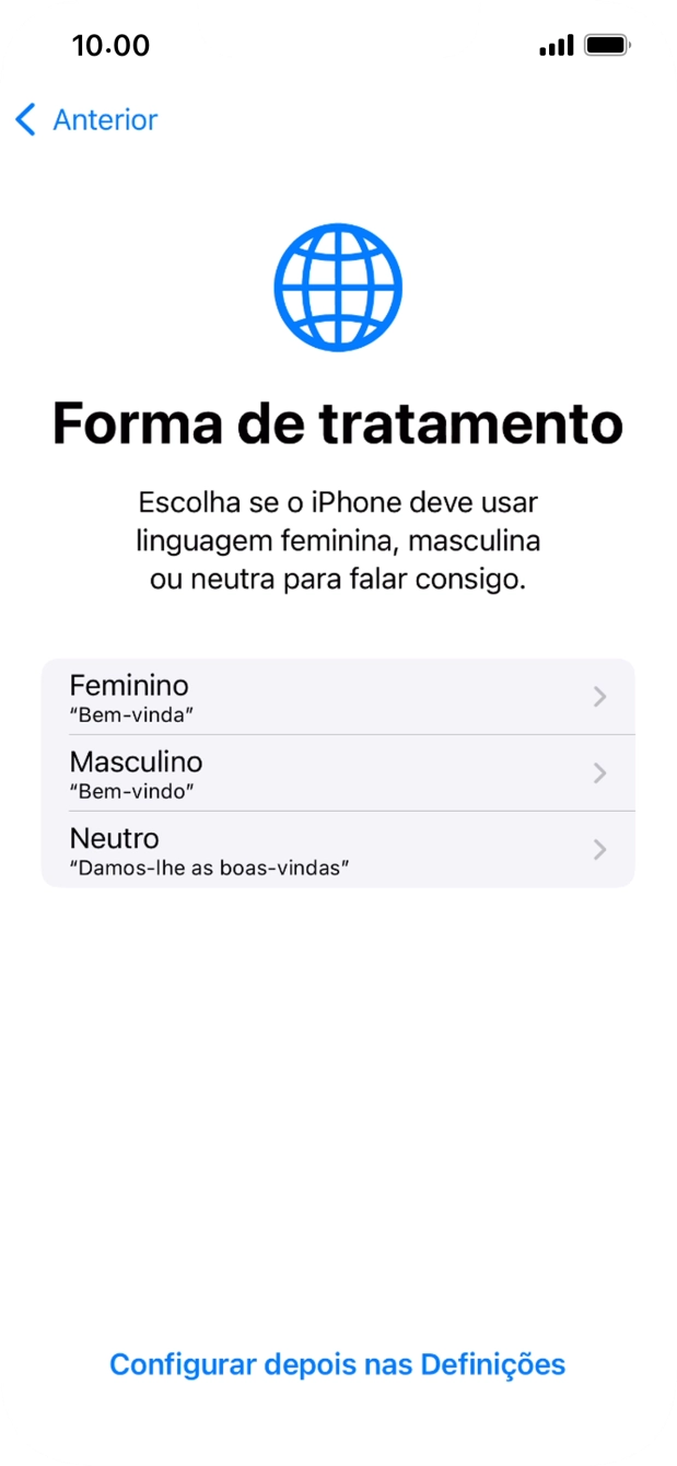 Para escolher a forma de tratamento desejada no telefone, siga as instruções no ecrã ou prima Configurar despois nas Definições.