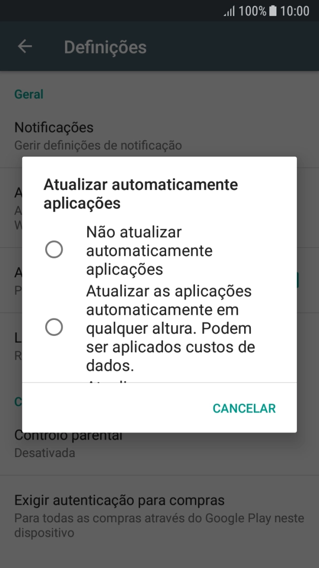 Para desativar a atualização automática de apps, prima Não atualizar automaticamente aplicações.