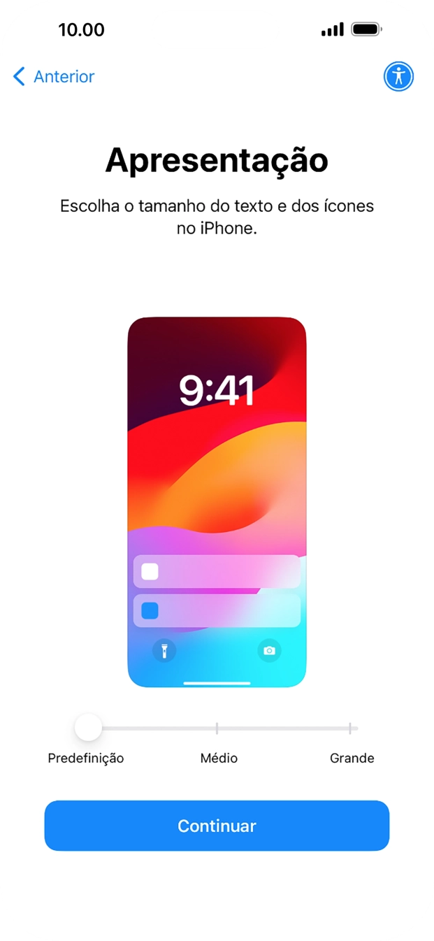 Escolha o tamanho pretendido para o texto e ícones no telefone e prima Continuar.