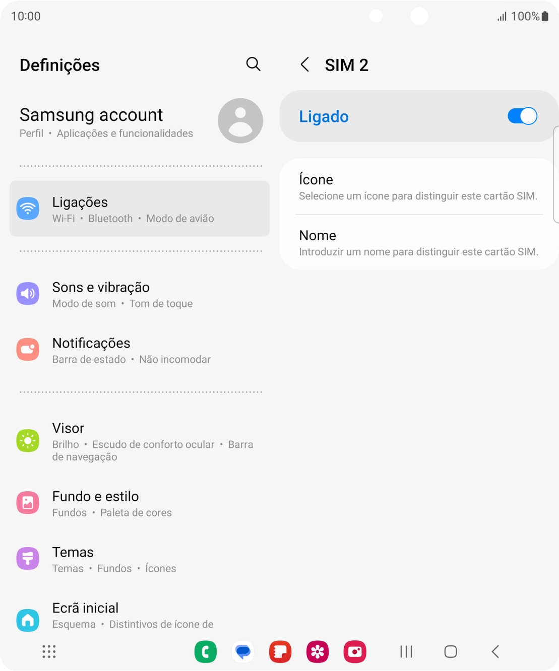 Prima o indicador para ativar ou desativar a utilização do cartão SIM.
