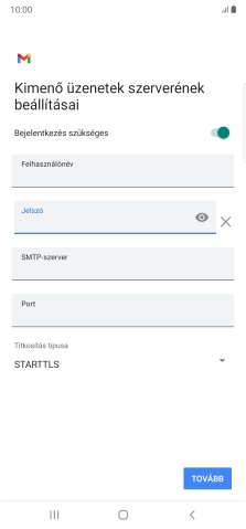 Kattints az „SMTP-szerver” alatti mezőre, és írd be az e-mail szolgáltatód kimenő szerverének a nevét.