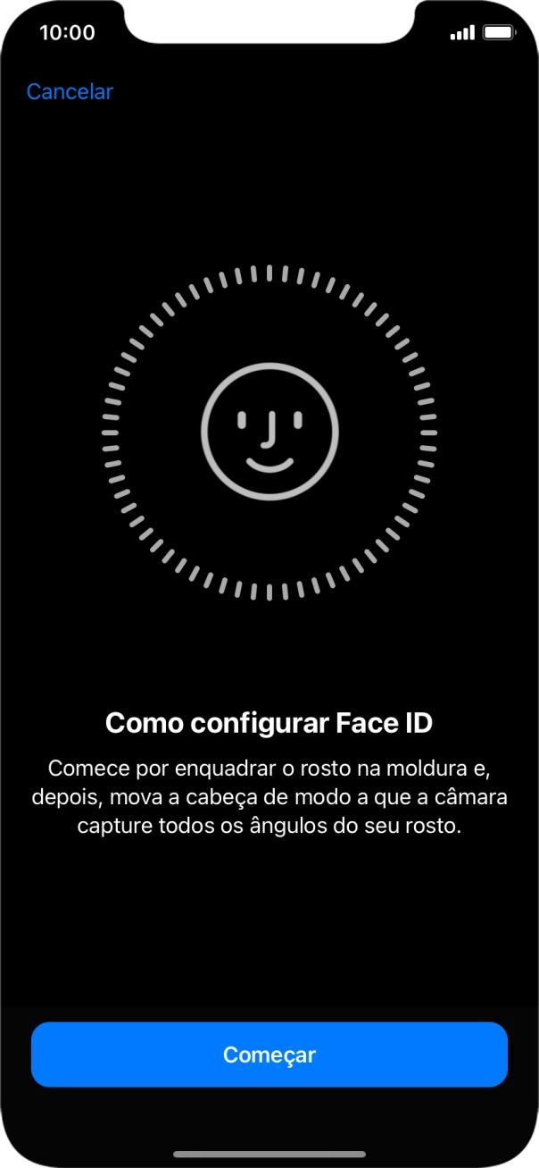 Prima Começar e siga as indicações no ecrã para estabelecer um código de reconhecimento facial (Face ID).