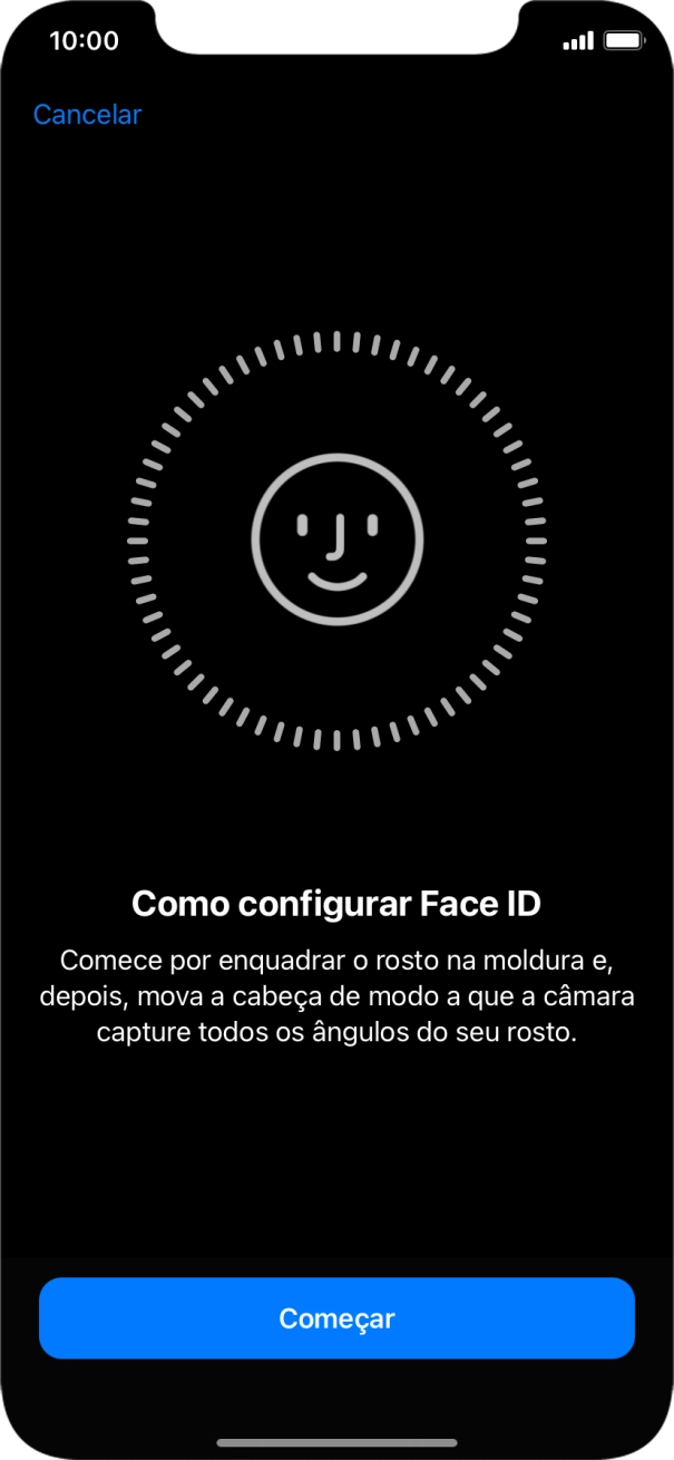 Prima Começar e siga as indicações no ecrã para estabelecer um código de reconhecimento facial (Face ID).