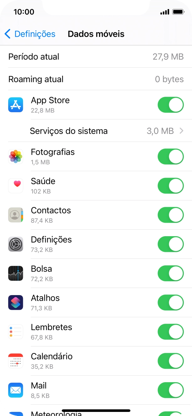 Prima o indicador junto das aplicações pretendidas para ativar ou desativar a função.