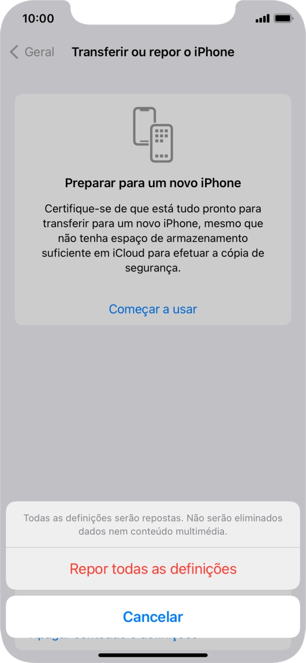 Prima Repor todas as definições.