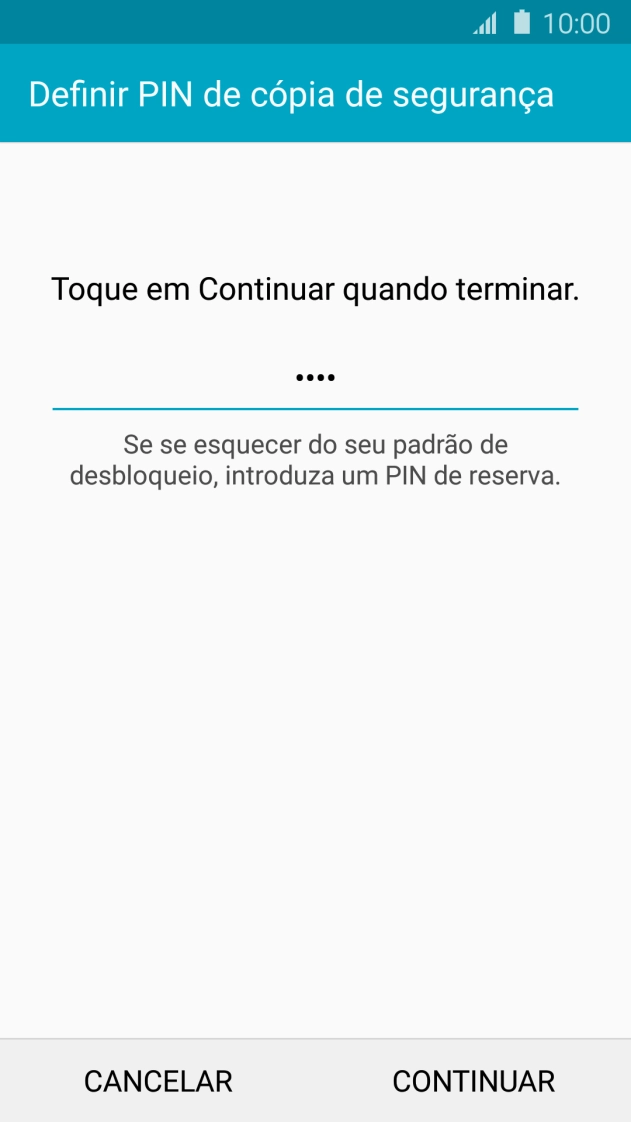Introduza um código PIN de quatro algarismos e prima CONTINUAR.