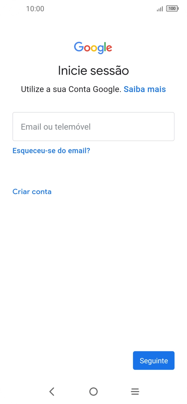 Se não tiver uma conta Google, prima Criar conta e siga as indicações no ecrã para criar uma conta.