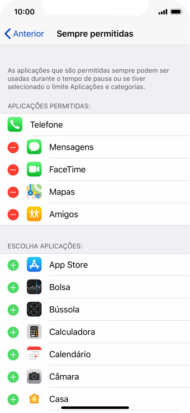 Prima o ícone para remover junto da app pretendida para a remover da lista de apps permitidas durante o Tempo de pausa.